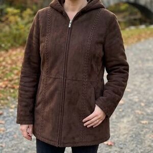 Liz Claiborne Boho Whipstitch Faux Suede Hooded Coat Chocolate Brown Sherpa